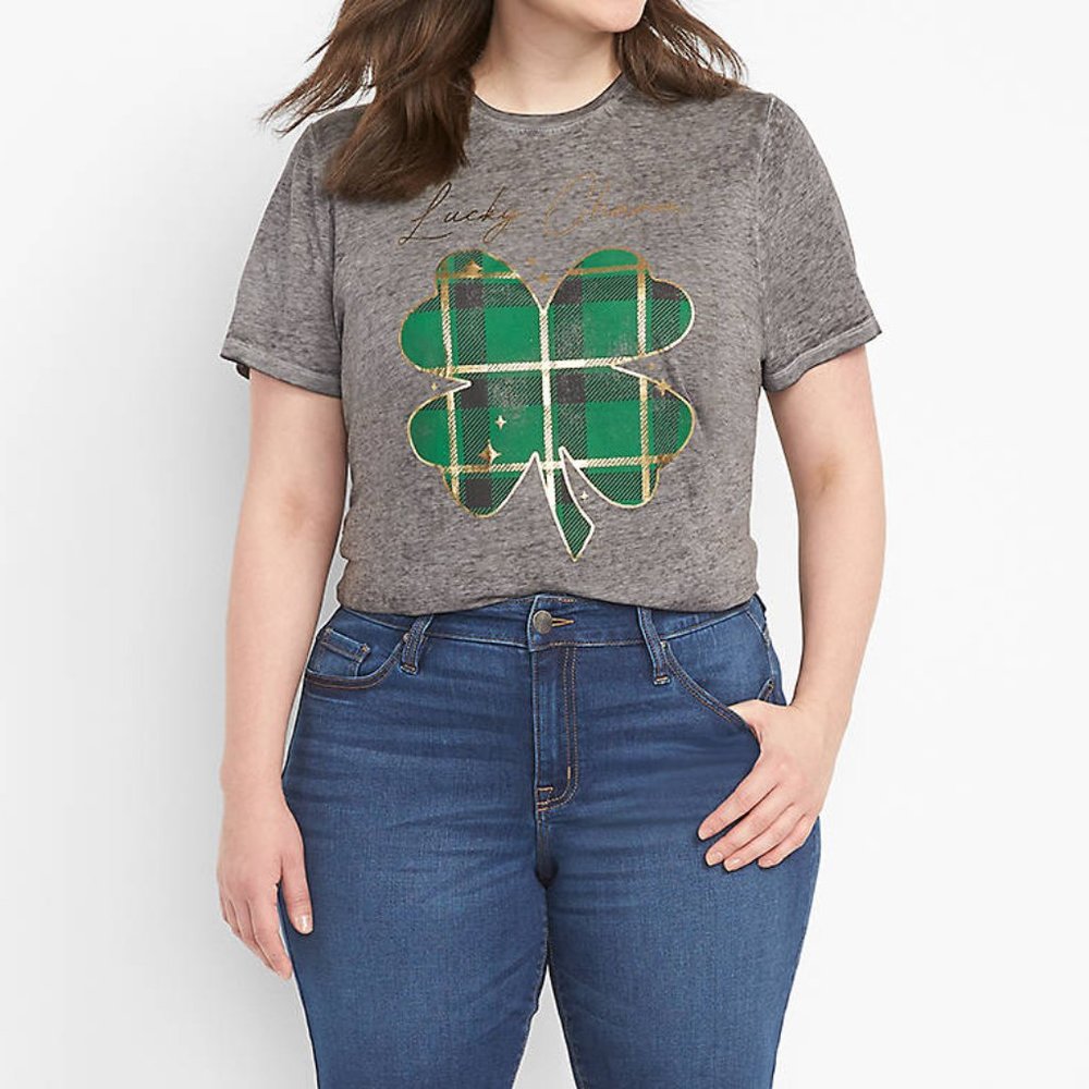 LANE BRYANT Lucky Charm Plaid Shamrock grey burnout graphic tshirt